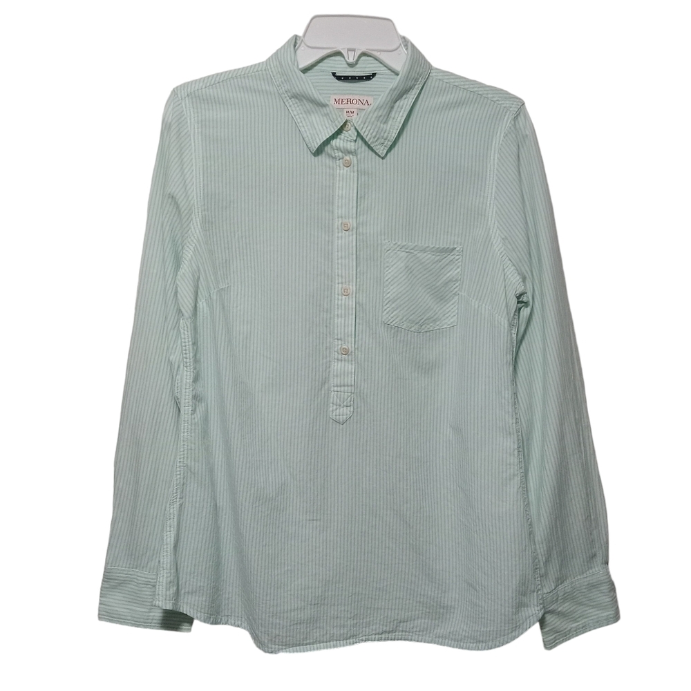 Merona J crew women blouse 3/4 button long sleeve mint green stripe cott…